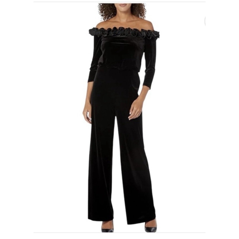 Adrianna Papell Womens Off the Shoulder Scalloped Edge Jumpsuit Black 12